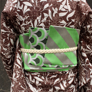 Hanhaba Obi 【Seikaiha(verde giallastro e argento) × Linee inclinate(verde giallastro e argento)】